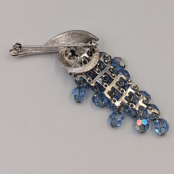 Vintage Silver Tone Articulated AB Blue Glass Beads Flower/Grape Branch Brooch - Picture 7 of 12